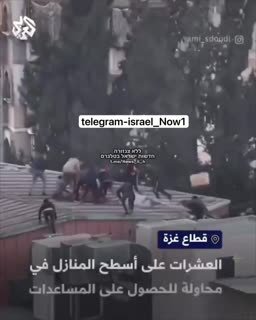 המוני פלסטינים מזנקים על גג מבנה בעזה כדי לתפוס משלוח שהוצנח...